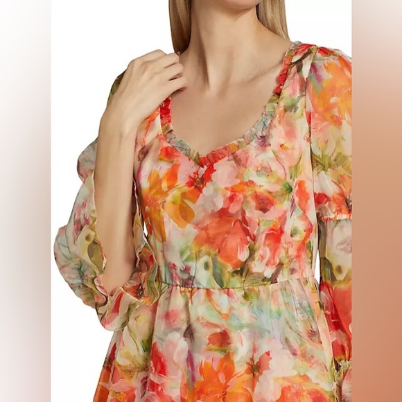 Abstract Floral Printed Chiffon Mini Dress - Melon - SIZE 8 - Picture 4 of 13